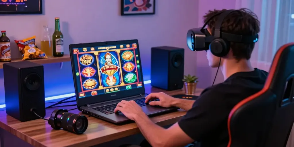 Player enjoying non gamstop uk casinos at home with vibrant games and cozy ambiance.