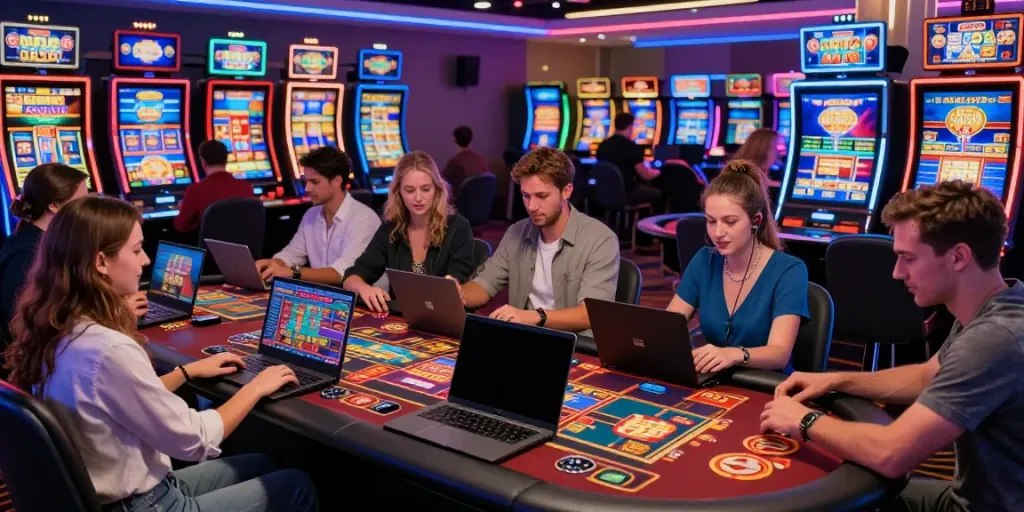 Diverse group of players engaging with non Gamstop UK casinos, showcasing vibrant online gaming excitement.