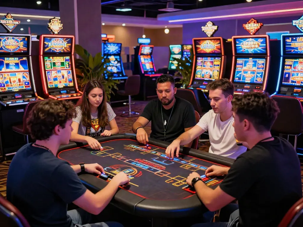 Diverse group enjoying non gamstop UK casinos at a vibrant gaming table featuring colorful slot machines.