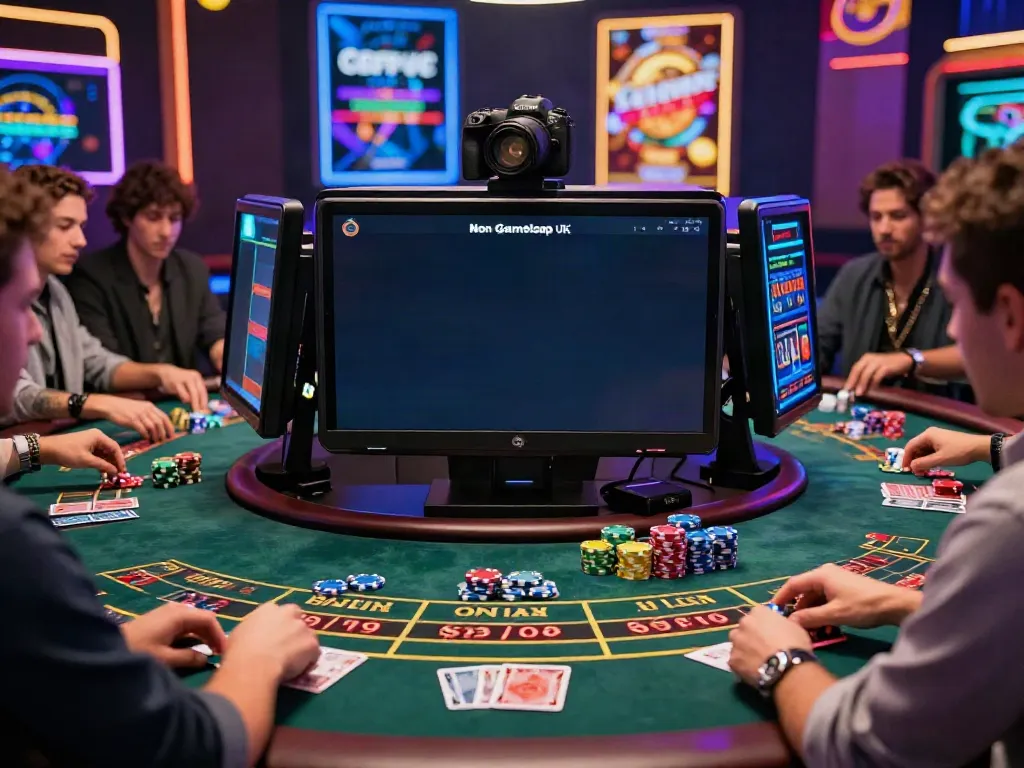 Engaging scene of players enjoying non GamStop UK casinos on smartphones in a vibrant casino atmosphere.