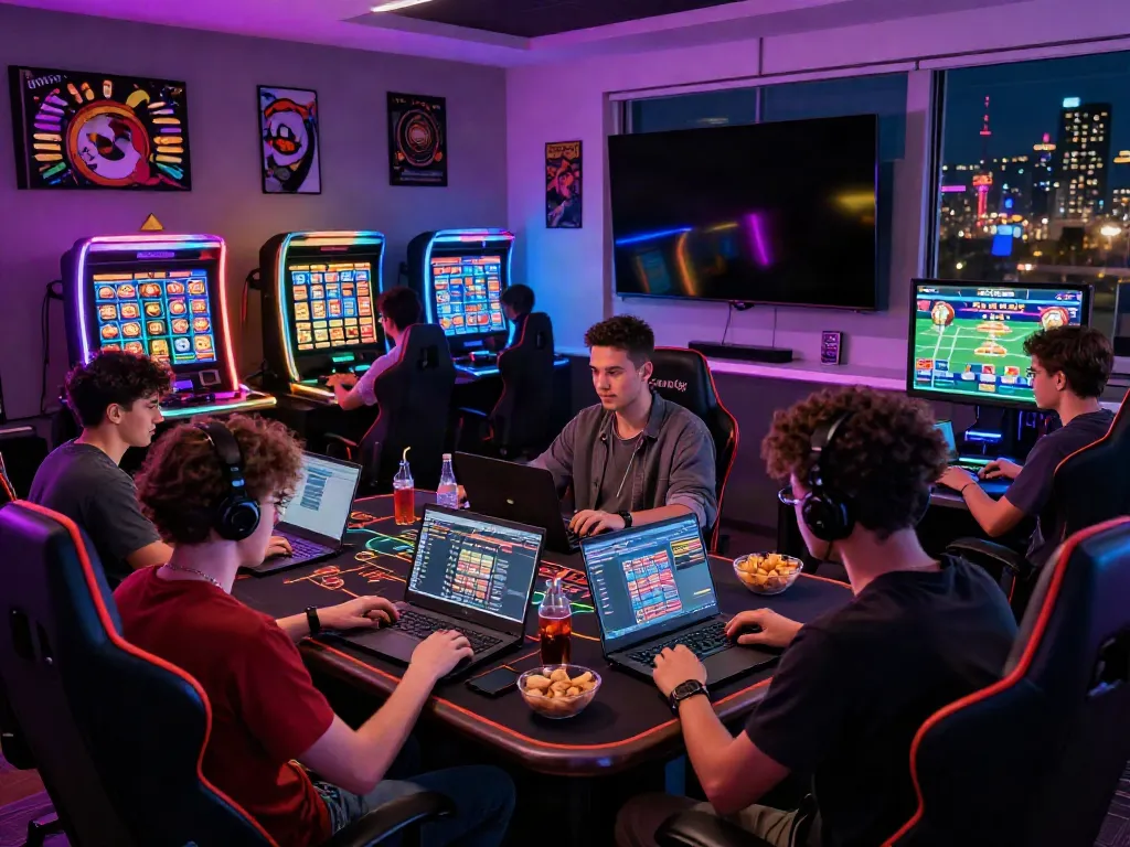 Group of friends enjoying online gaming at non Gamstop UK casinos in a vibrant lounge.