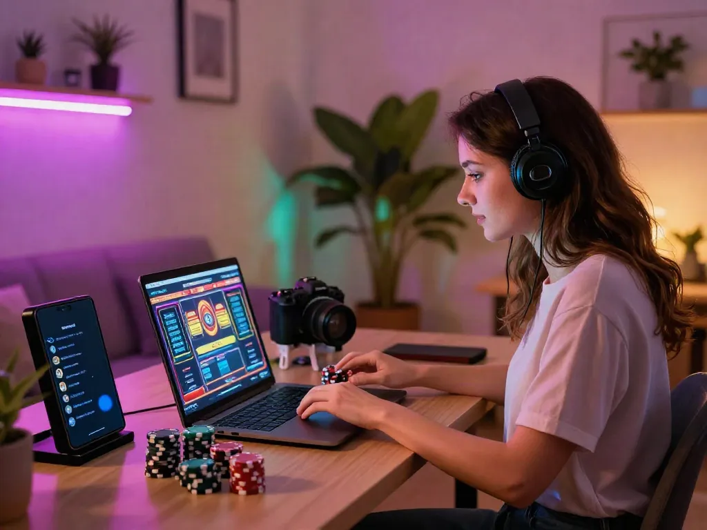 Engaged woman enjoying non gamstop UK casinos in her stylish home office.