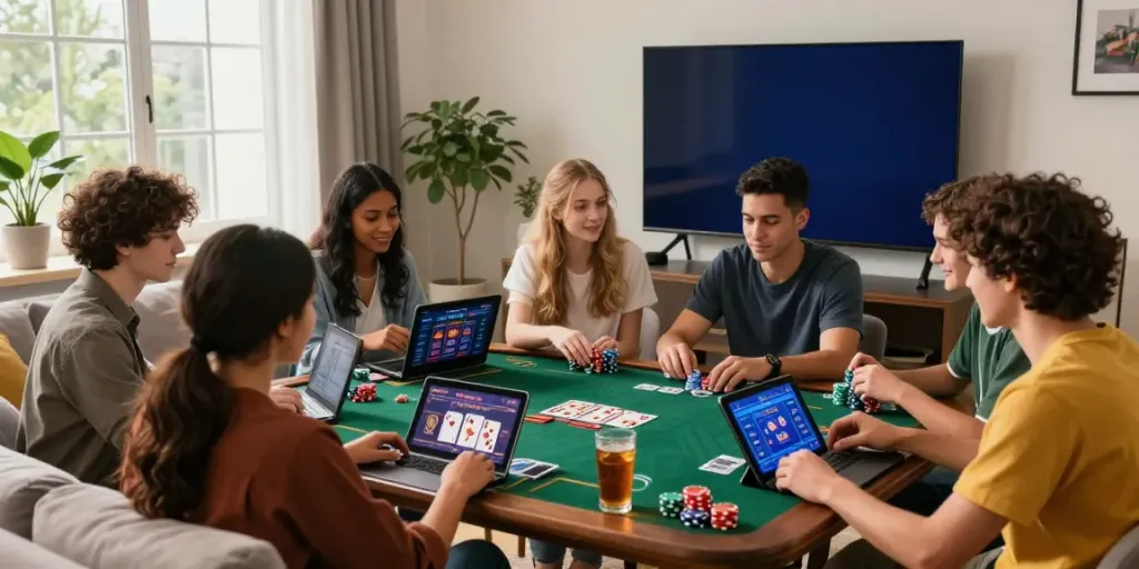 Group of friends enjoying non GamStop UK casinos in a lively living room setting.