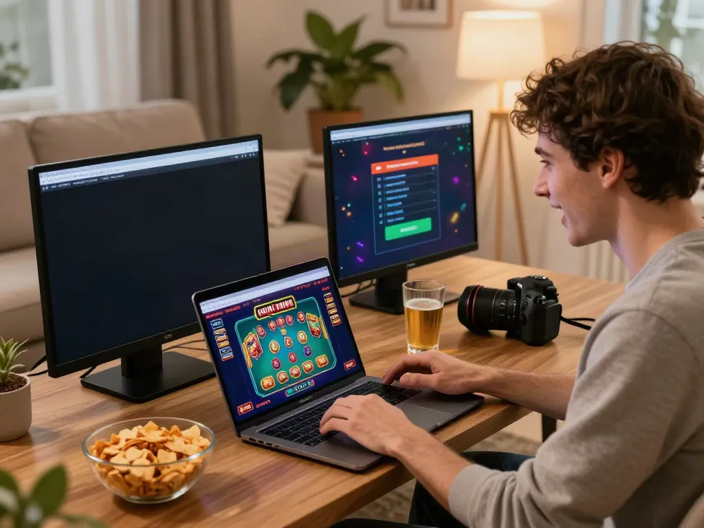 User playing games at non GamStop UK casinos on a laptop in a cozy living room with snacks and drinks.