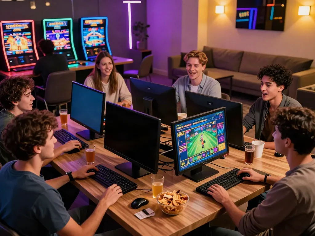 Diverse friends enjoying non gamstop uk casinos experience with excitement around vibrant gaming setup.