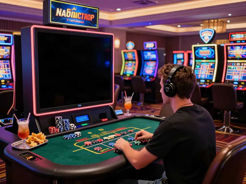 Gamer enjoying action at non Gamstop UK casinos with vibrant atmosphere and luxurious setting