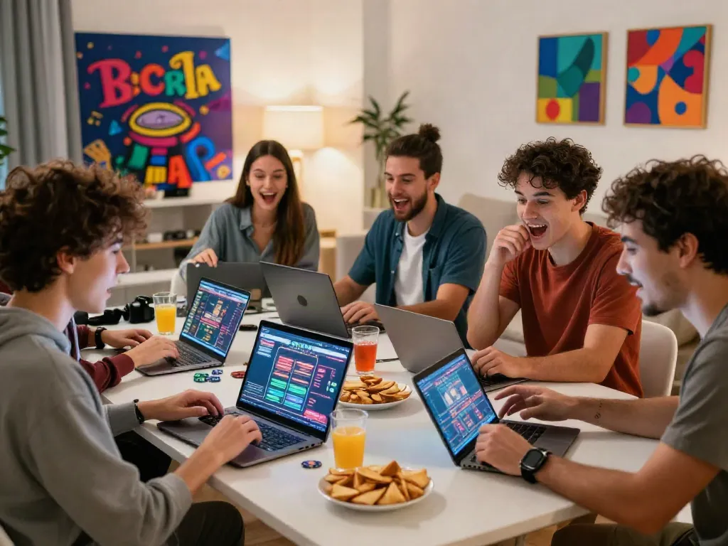 Exciting group enjoying non Gamstop UK casinos in a lively home setting.