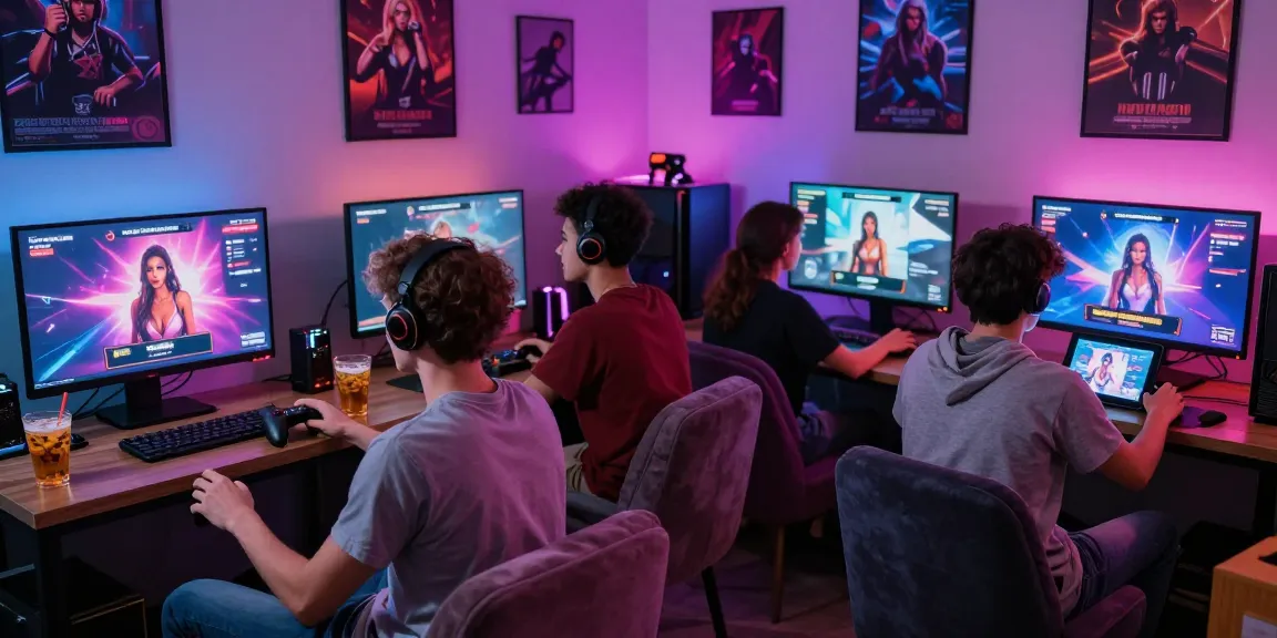 Friends enjoying exciting html porn games in a vibrant gaming lounge filled with colorful lights and snacks.
