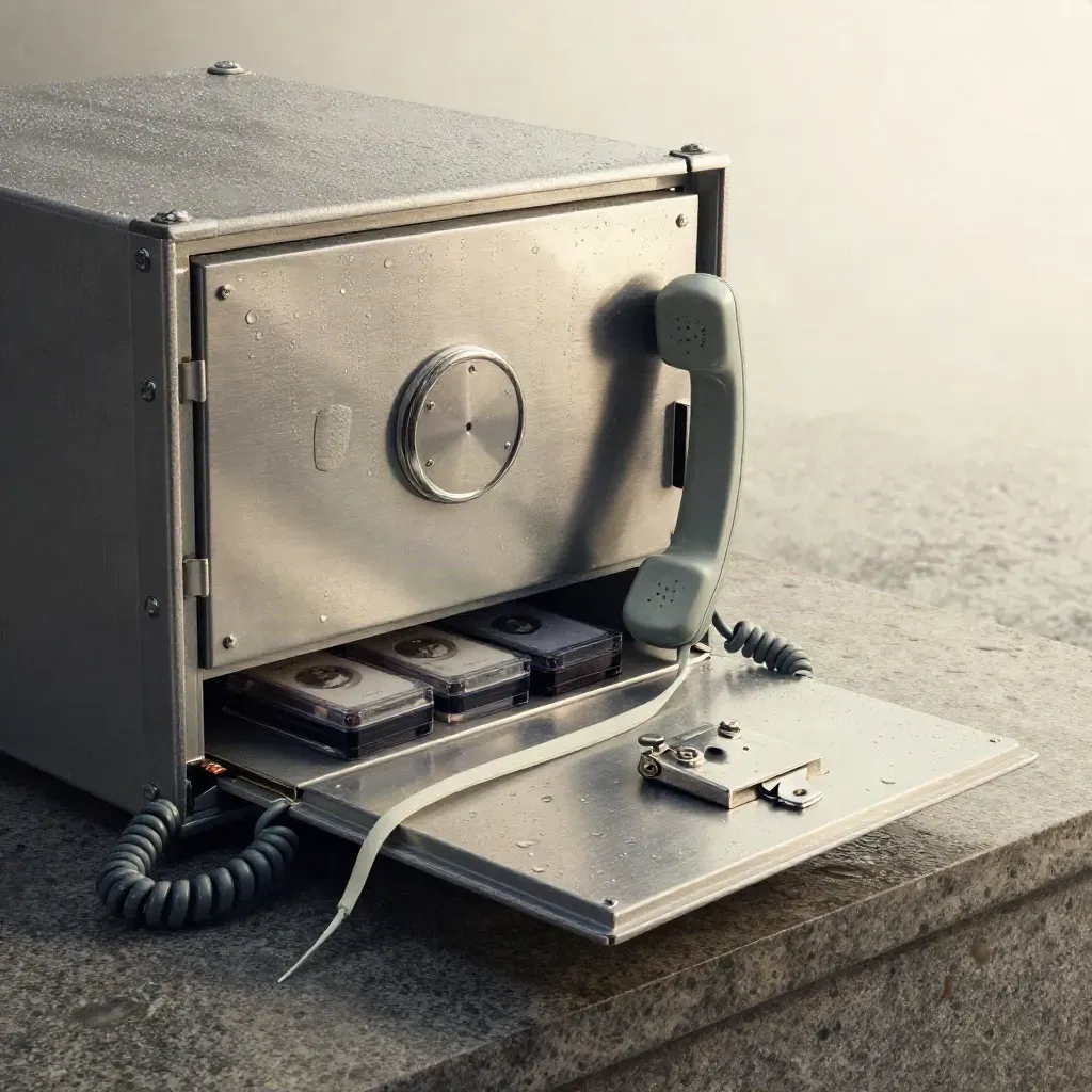 Brushed aluminium telecom vault with tape cartridges, handset coil and fibre lead in rain-lit studio.