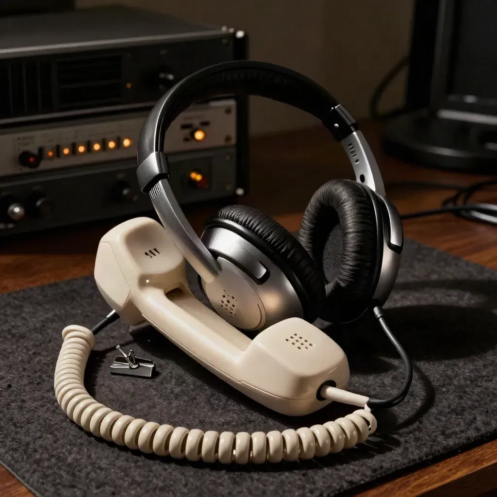 Two telecom headsets, a handset and cable clip on dark felt with blurred equipment behind.