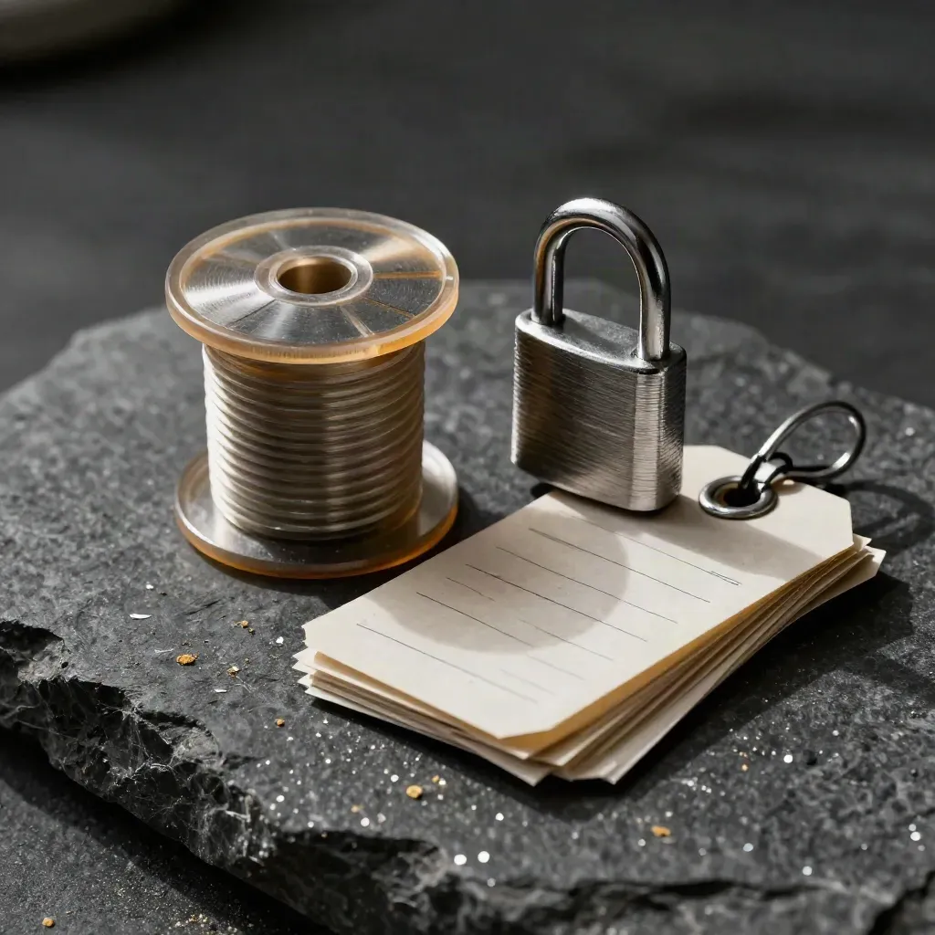 Macro of archive lock, tamper seal spool and inspection tags on charcoal stone.