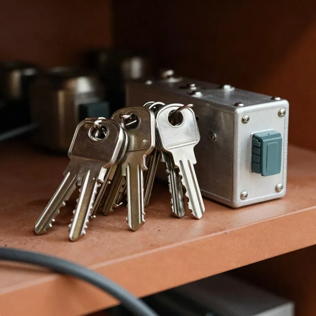 Hardware tokens, rack keys, and a compact drive caddy on terracotta with blurred cable sleeve.