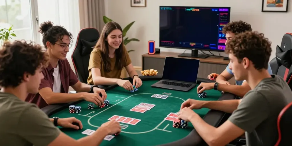 Friends playing poker with laptops in a lively non gamstop UK casinos scene.