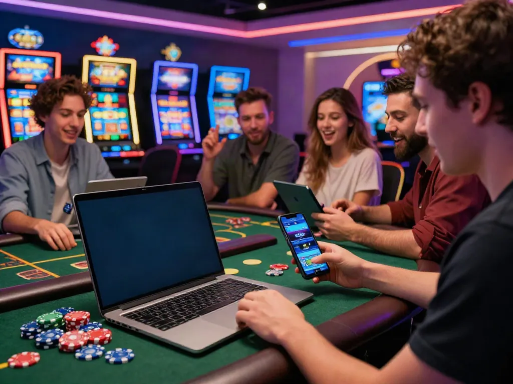 Players engaging in thrilling non Gamstop UK casinos online gaming experience with vibrant setups.