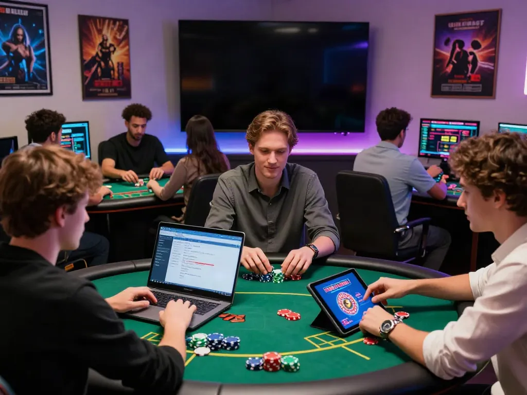 Exciting scene of players at non gamstop UK casinos engaged in gaming activities, surrounded by vibrant casino decor.
