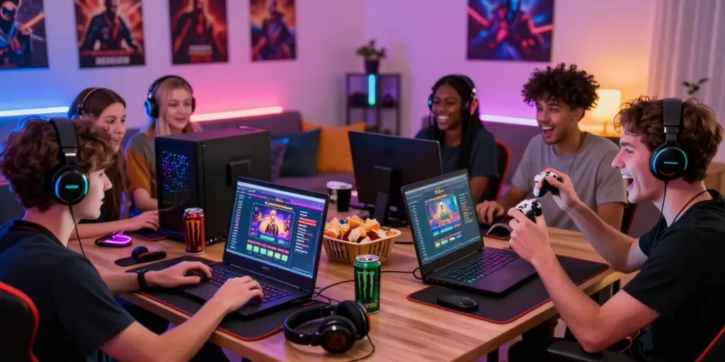 Players enjoying non GamStop UK casinos at home with colorful gaming setups.