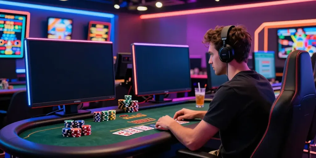 Exciting scene from non GamStop UK casinos with an engaged player in a vibrant gaming setup.
