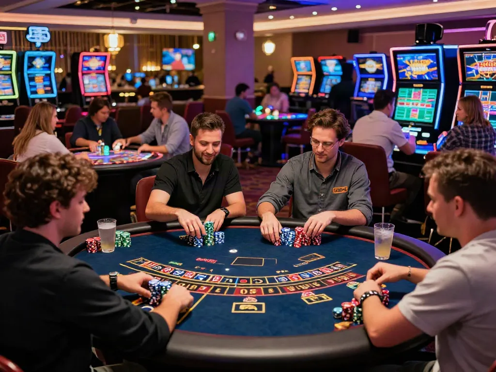 Dynamic social gaming experience at non Gamstop UK casinos, with players enjoying games and vibrant atmosphere.