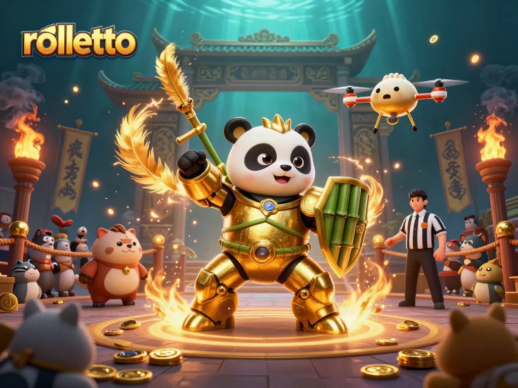 rolletto thrilling gaming scene with a mech-suit panda championing a bamboo robot amidst a vibrant casino arena