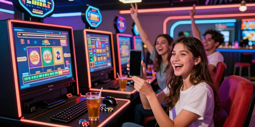 Friends celebrating wins at non Gamstop UK casinos with vibrant atmosphere and gaming setup.