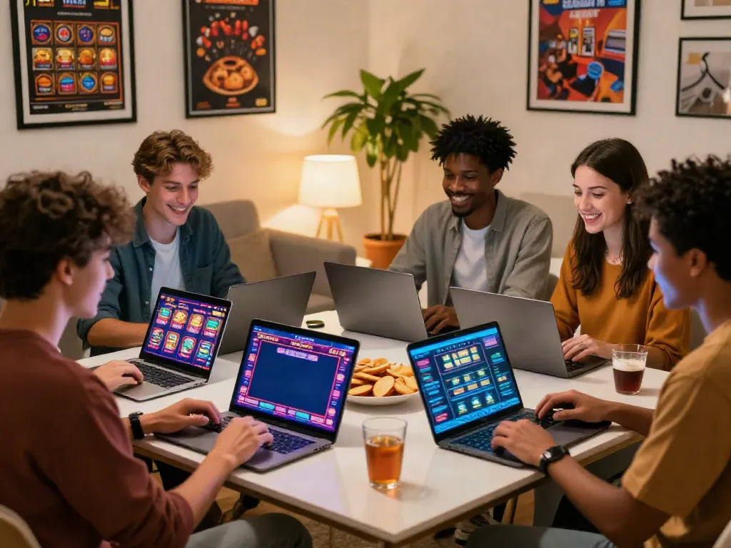 Exciting home gaming scene featuring friends enjoying non GamStop UK casinos, vibrant atmosphere with laptops and snacks.