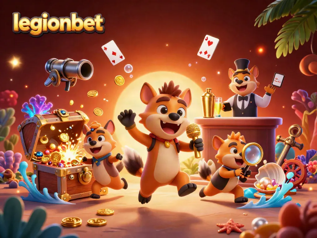 Experience the vibrant energy of legionbet in a colorful casino scene with lively hyena characters and exciting game elements.