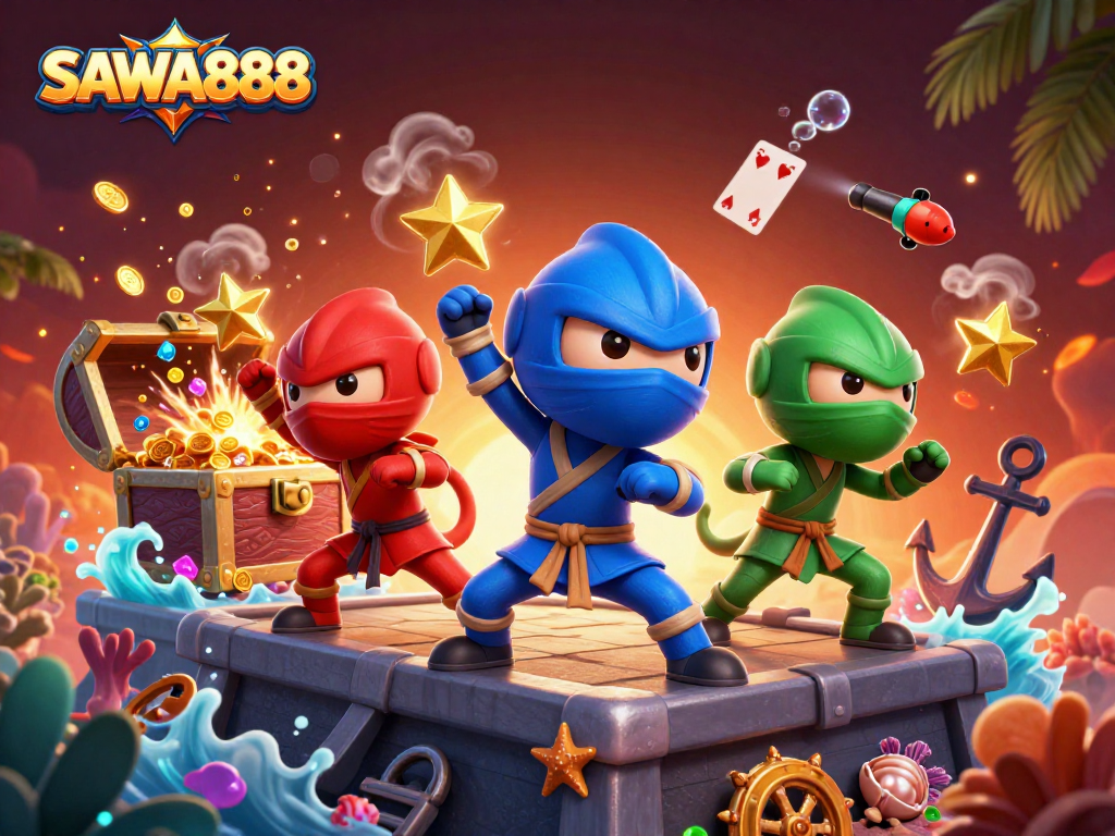 Engage in thrilling gameplay with SAWA888's vibrant cartoon ninja chameleons in action.
