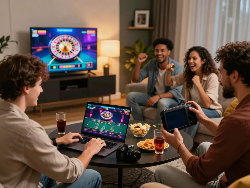 Diverse group enjoying gaming at home, showcasing non Gamstop UK casinos experience with laptops and lively decor.