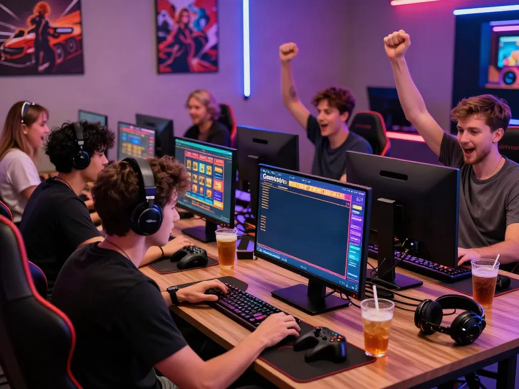 Players enjoying non Gamstop UK casinos in a vibrant gaming lounge.