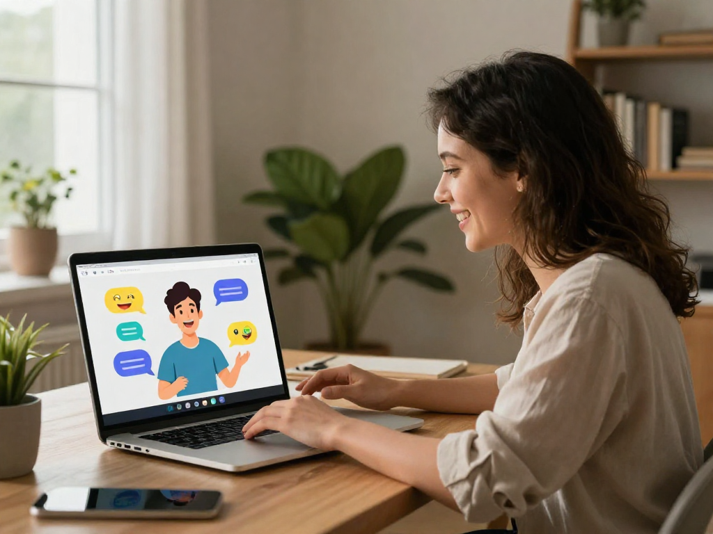 Interactive session on sex chat AI, showcasing user engaging with friendly AI characters in a cozy home office.
