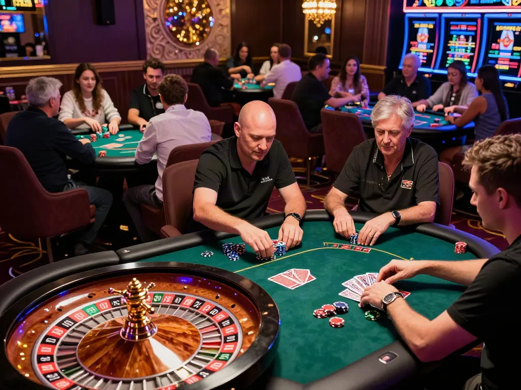Exciting group gaming experience in non GamStop UK casinos, capturing the thrill of diverse players at tables.