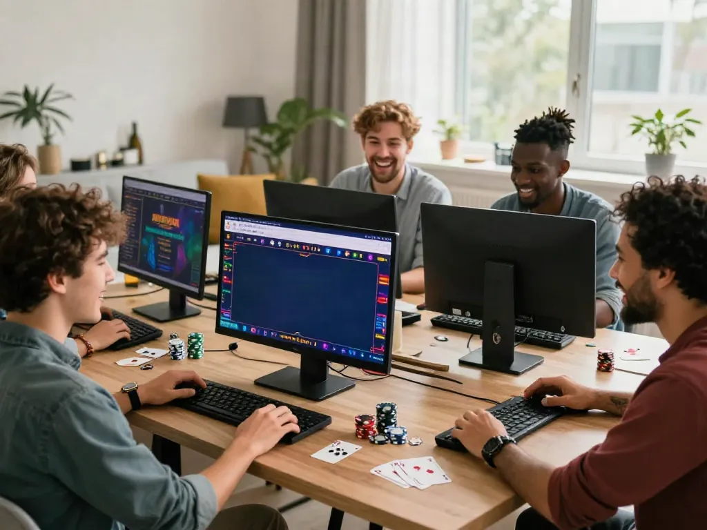 Engaging online gaming scene with friends at non Gamstop UK casinos, showcasing excitement and camaraderie.