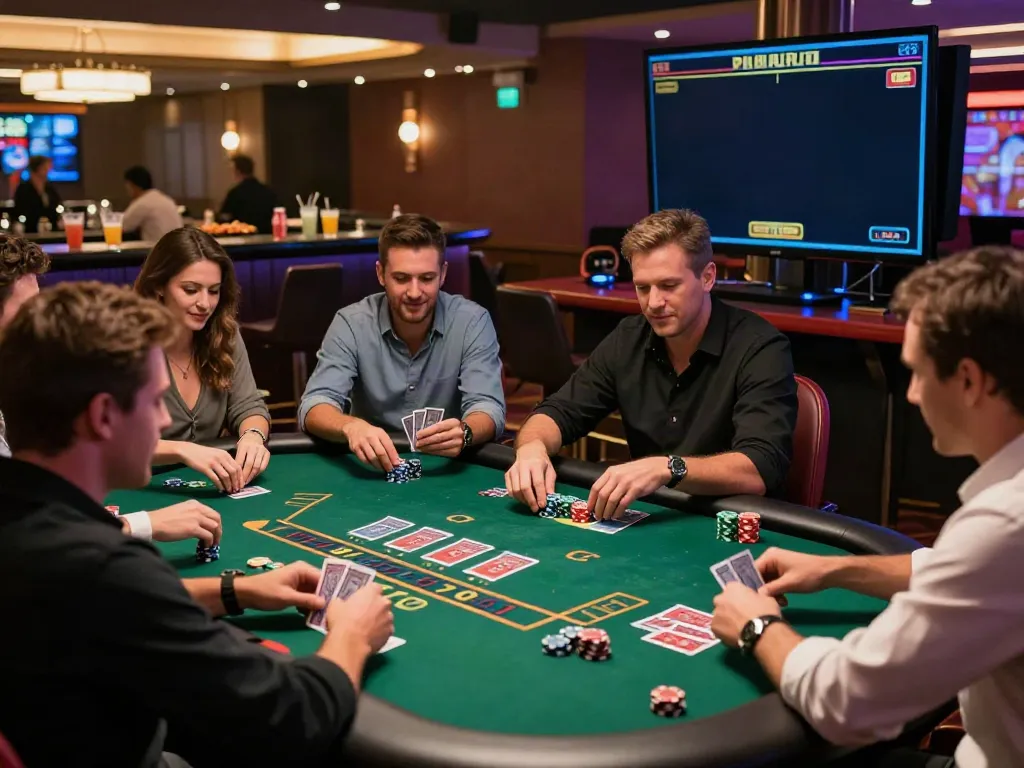 Players enjoying a lively blackjack game at non Gamstop UK casinos, showcasing a vibrant casino atmosphere.