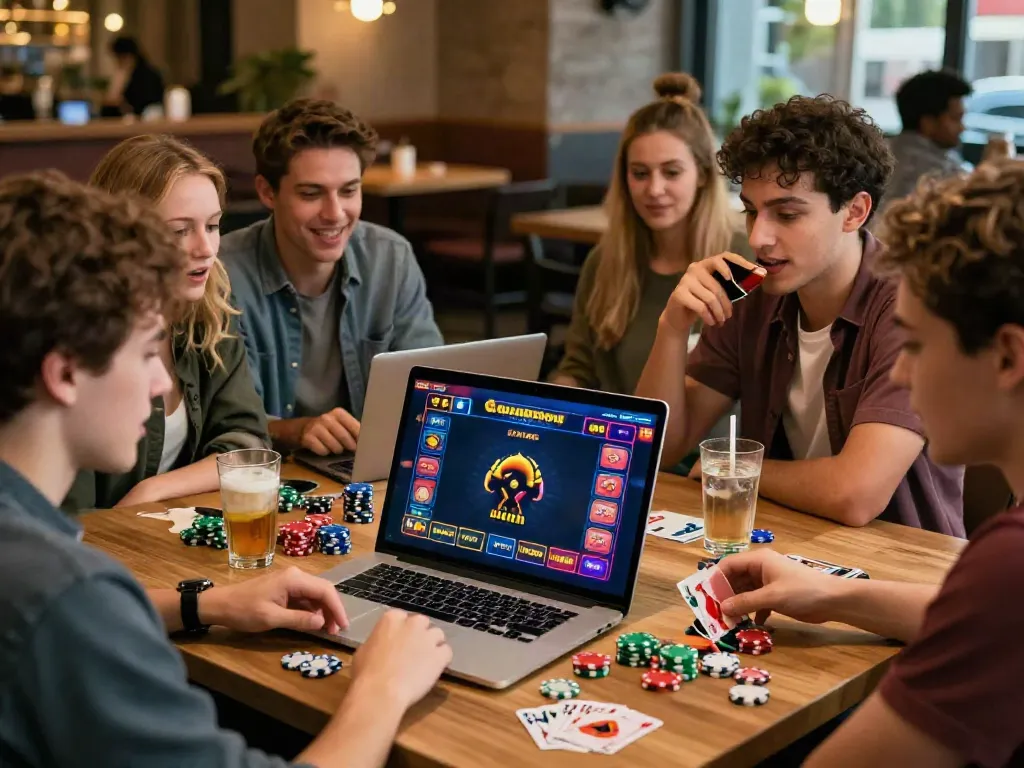 Excited friends enjoy strategies for non Gamstop UK casinos at a cafe.