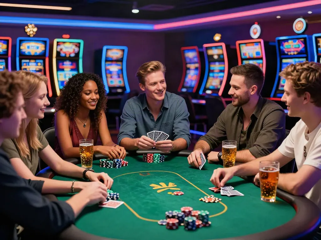 Friends enjoying non Gamstop UK casinos with poker chips and vibrant casino lights.
