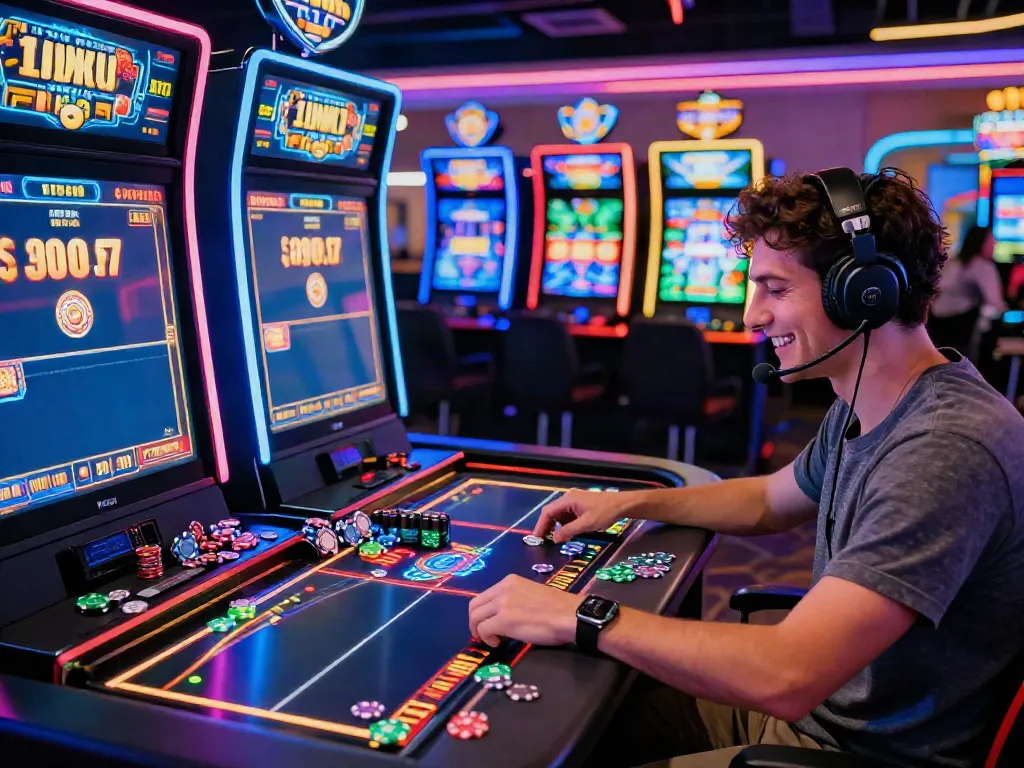 Exciting non GamStop UK casinos scene with a player enjoying vibrant online gaming.