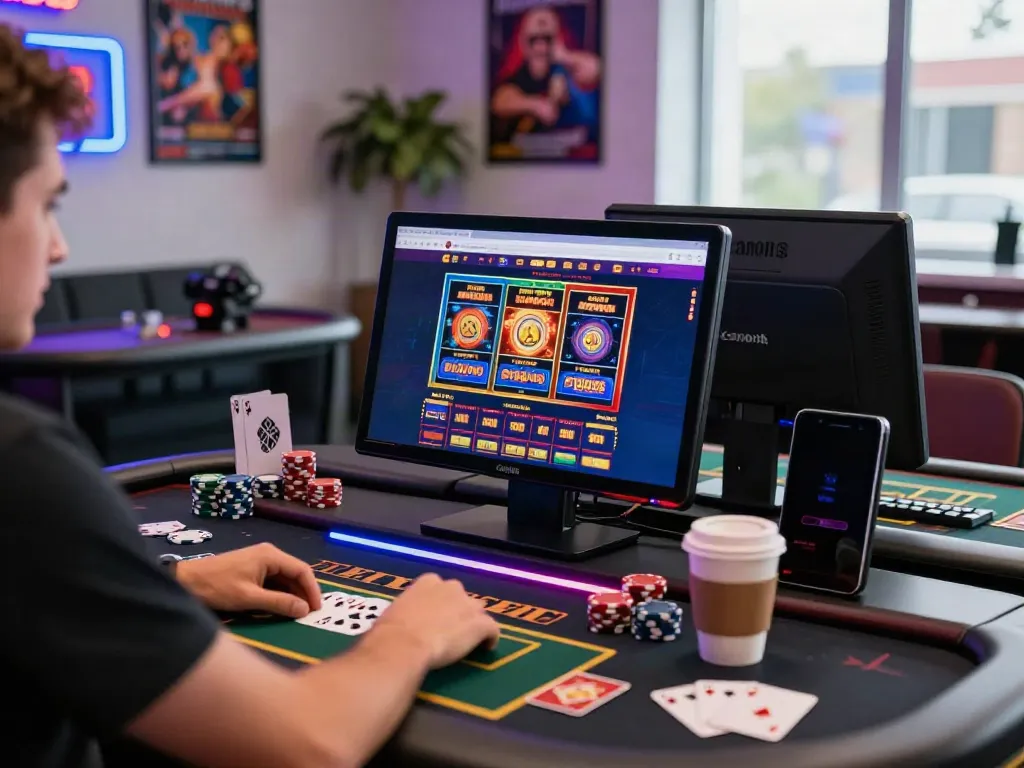 Player engaging with non Gamstop UK casinos on a laptop in a vibrant gaming room.