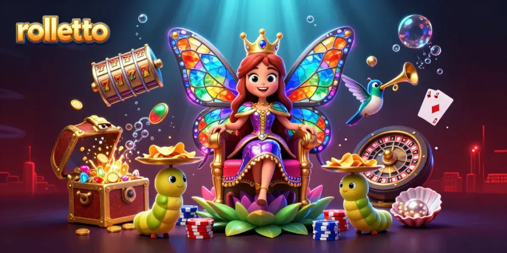 Engage in thrilling gaming with rolletto: extravagant scene of butterfly queen and vibrant casino elements.