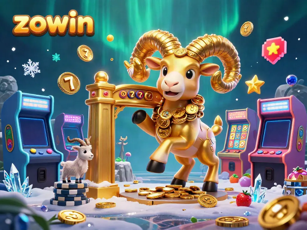Zowin slots illustration with golden ram charging towards vibrant slot machines and game elements.
