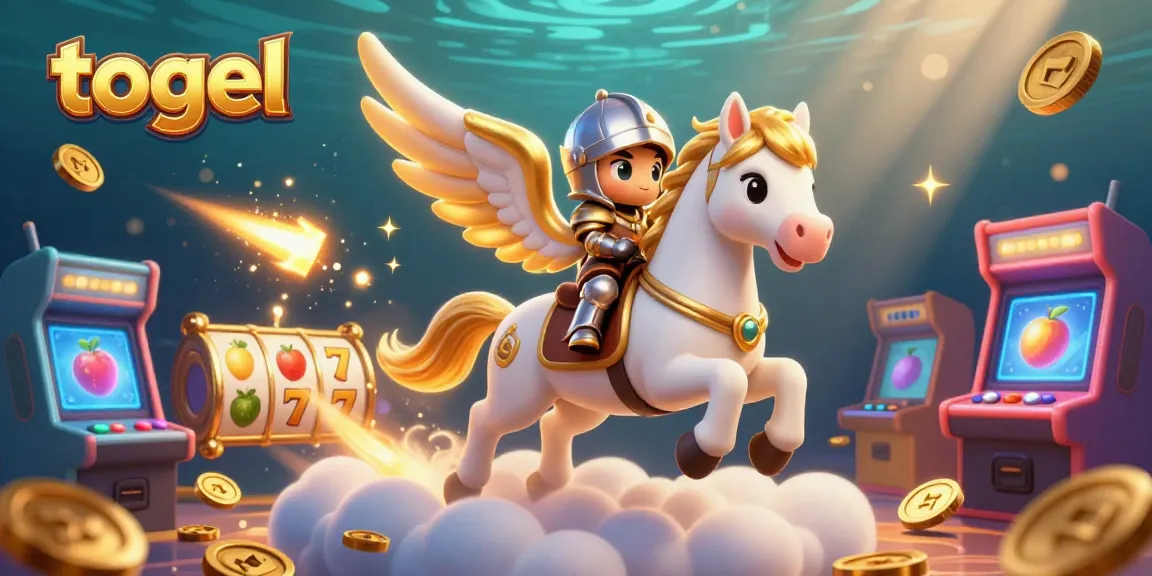 Togel gaming scene featuring a celestial horse and knight amidst exciting slot game elements.