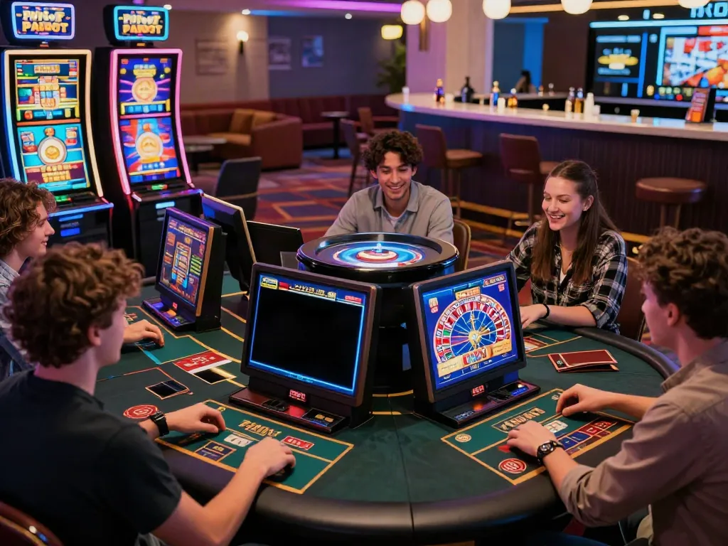 Engaging scene in non gamstop UK casinos with friends playing games, bright colors and excitement enhance the atmosphere.