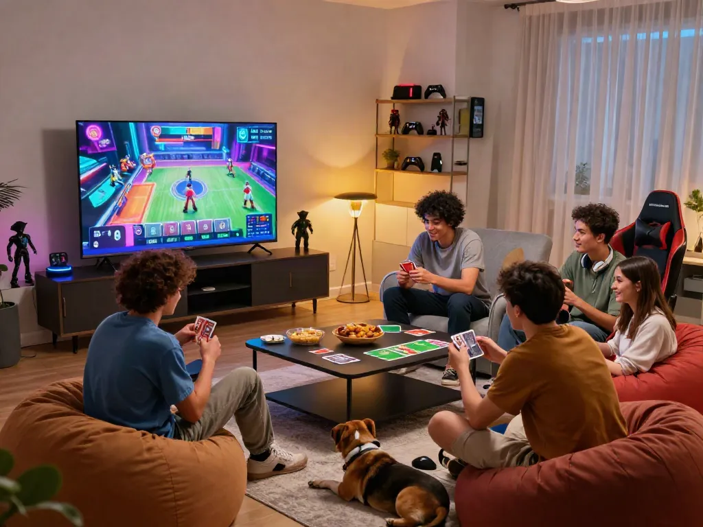 Friends enjoying a gaming session playing at http://11bet-app.net/ with fun snacks and colorful graphics.