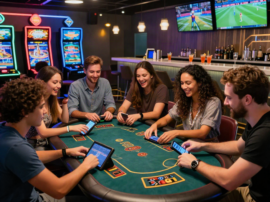 토토사이트 검증 먹튀스팟 community discussing strategies in a vibrant urban gambling lounge.