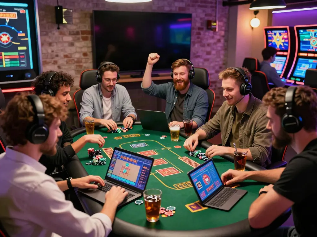 Exciting scene of players bonding over non Gamstop UK casinos, showcasing vibrant lights and modern gaming.