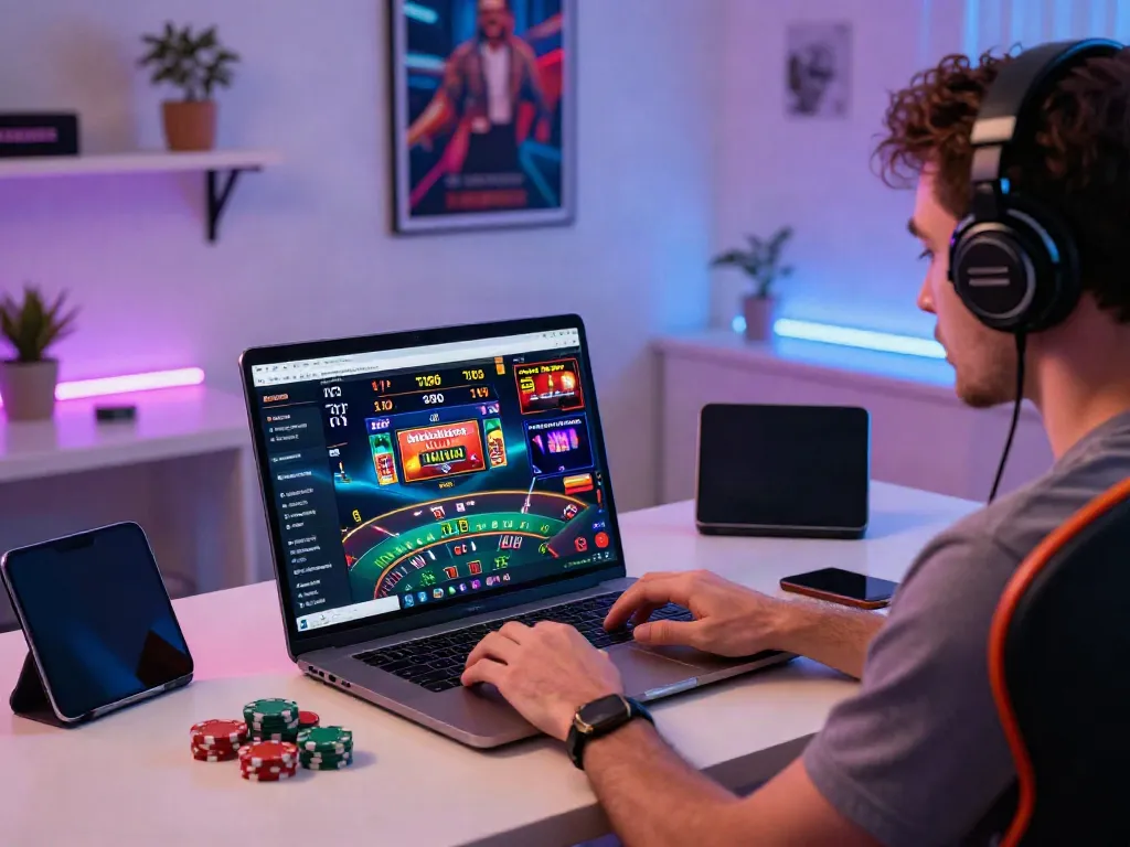 Player immersed in non Gamstop UK casinos gaming at a modern home office.