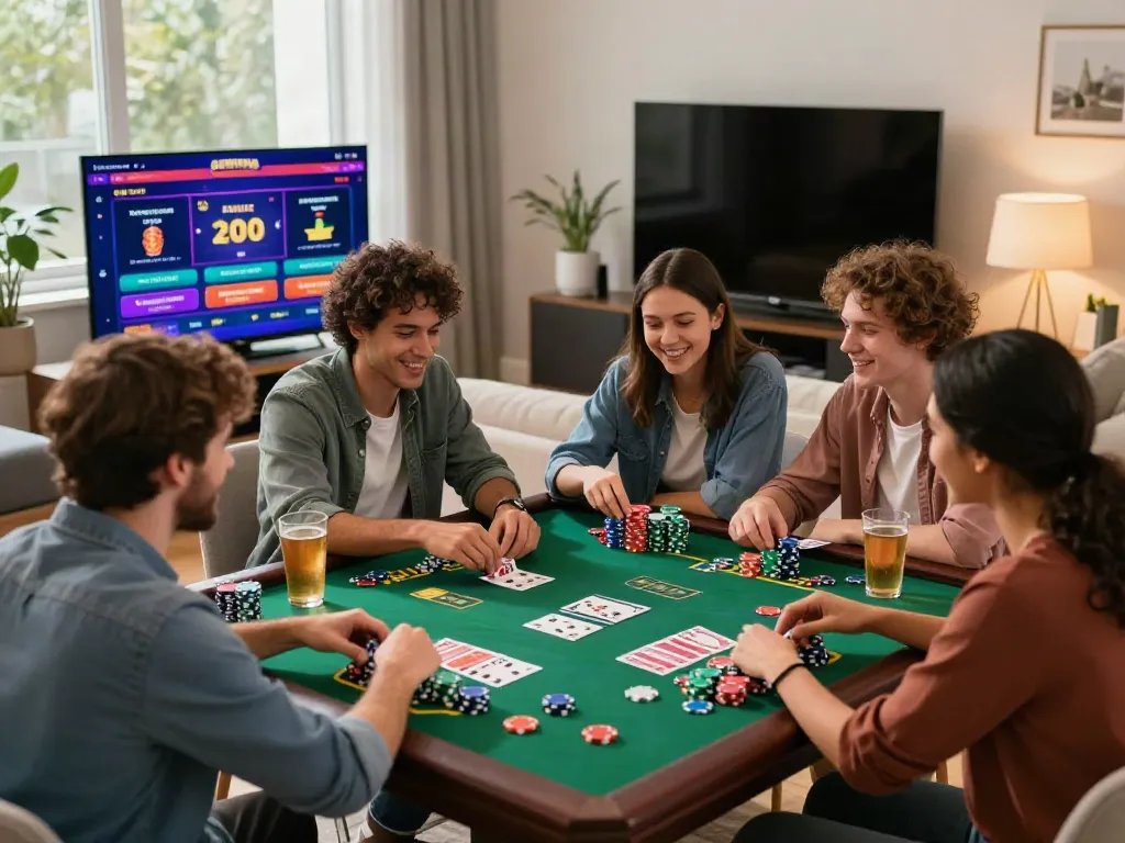 Friends enjoying non Gamstop UK casinos game night with chips and drinks