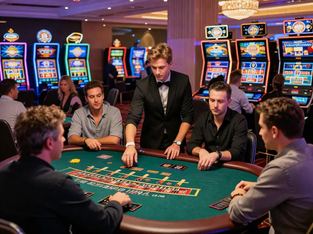 Engaging scene of players enjoying non gamstop uk casinos with vibrant atmosphere and gaming tables.