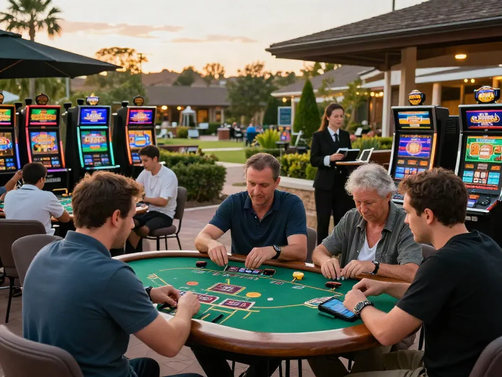 Non GamStop UK casinos lively outdoor setting with players enjoying various gambling activities.