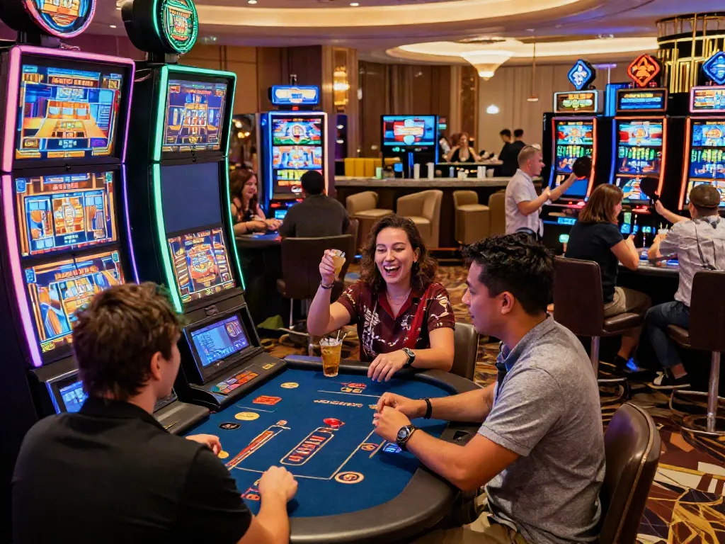 Exciting atmosphere at non gamstop UK casinos with players celebrating wins.