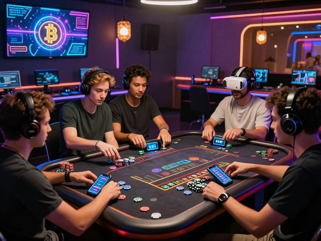 Exciting crypto casino gaming scene with friends enjoying live dealer games, showcasing digital tokens and a vibrant atmosphere.